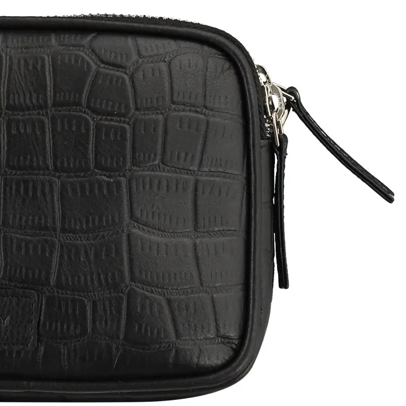 Black Croc Print Leather Crossbody Bag