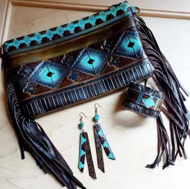 Blue Navajo Leather Embossed Clutch Handbag