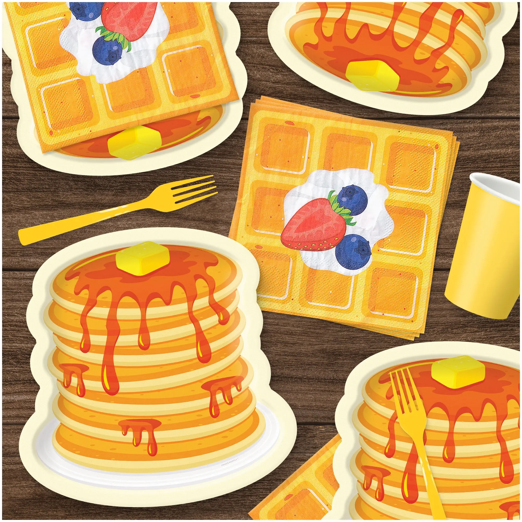 Breakfast & Brunch Party Supplies - Pancake Paper Dinner Plates and Waffle Lunch Napkins (16 Plates & Napkins)