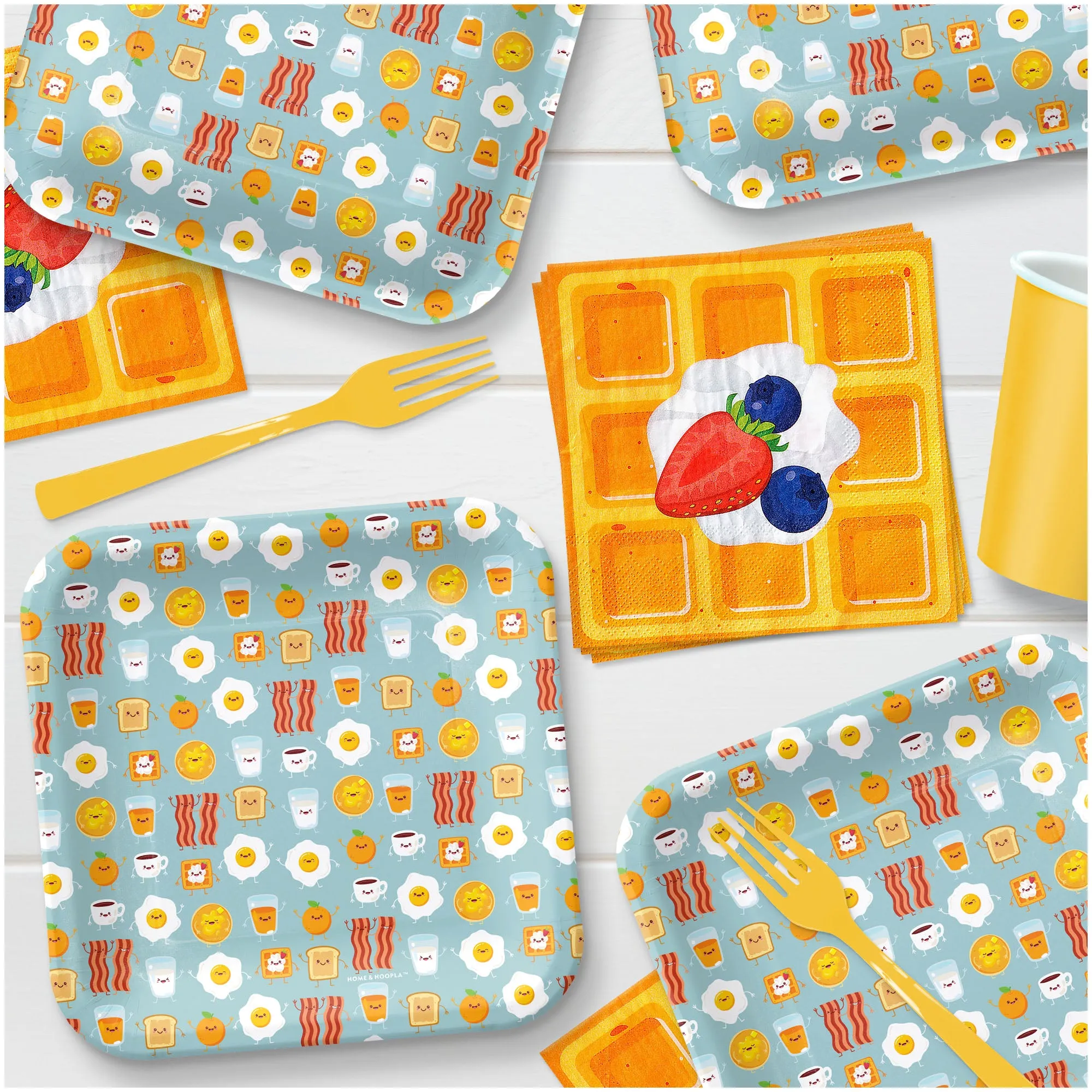 Breakfast & Brunch Party Supplies - Sunnyside Eggs and Bacon Paper Dessert Plates and Toast-Shaped Beveage Napkins (Serves 16)