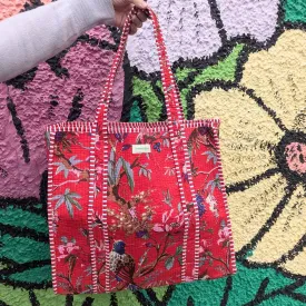 Cotton Quilted Indian Tote Bag Red Floral Bird