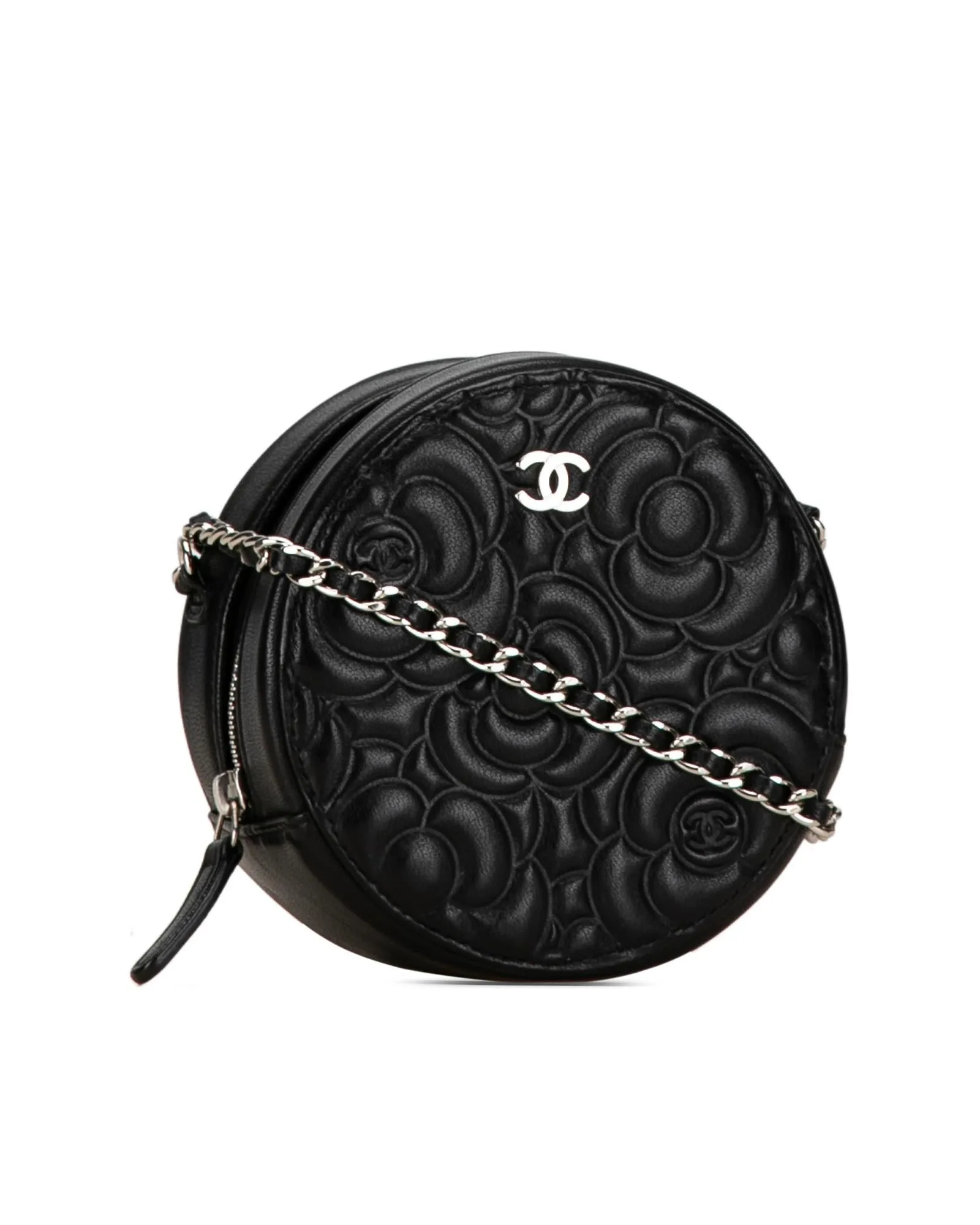 Embossed Goatskin Round Clutch with Chain Strap