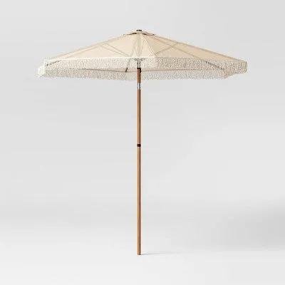 New - 7.5'x7.7' Hexagon Macrame Outdoor Patio Market Umbrella Beige with Faux Wood Pole - Threshold