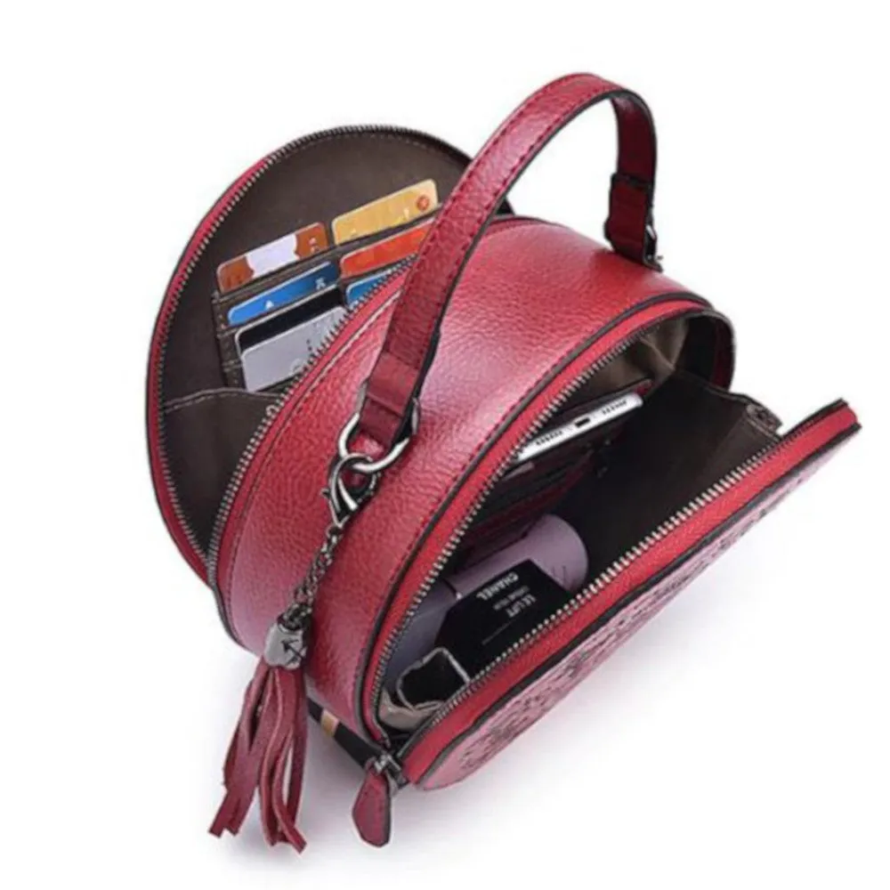 Red Leather Handbag Round Embossed