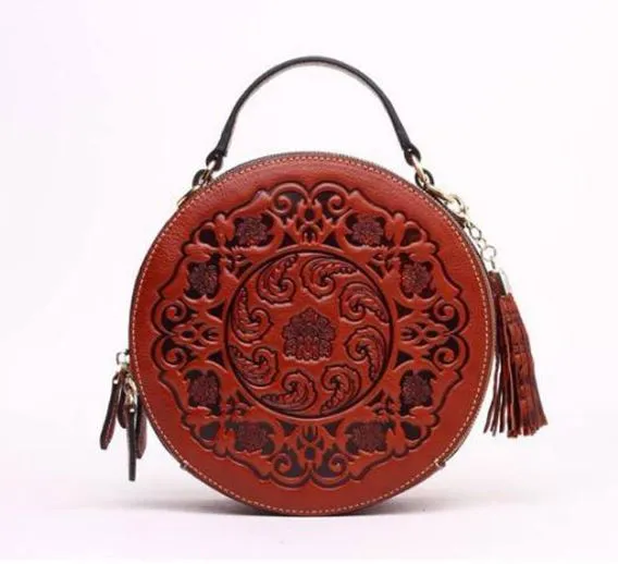 Red Leather Handbag Round Embossed