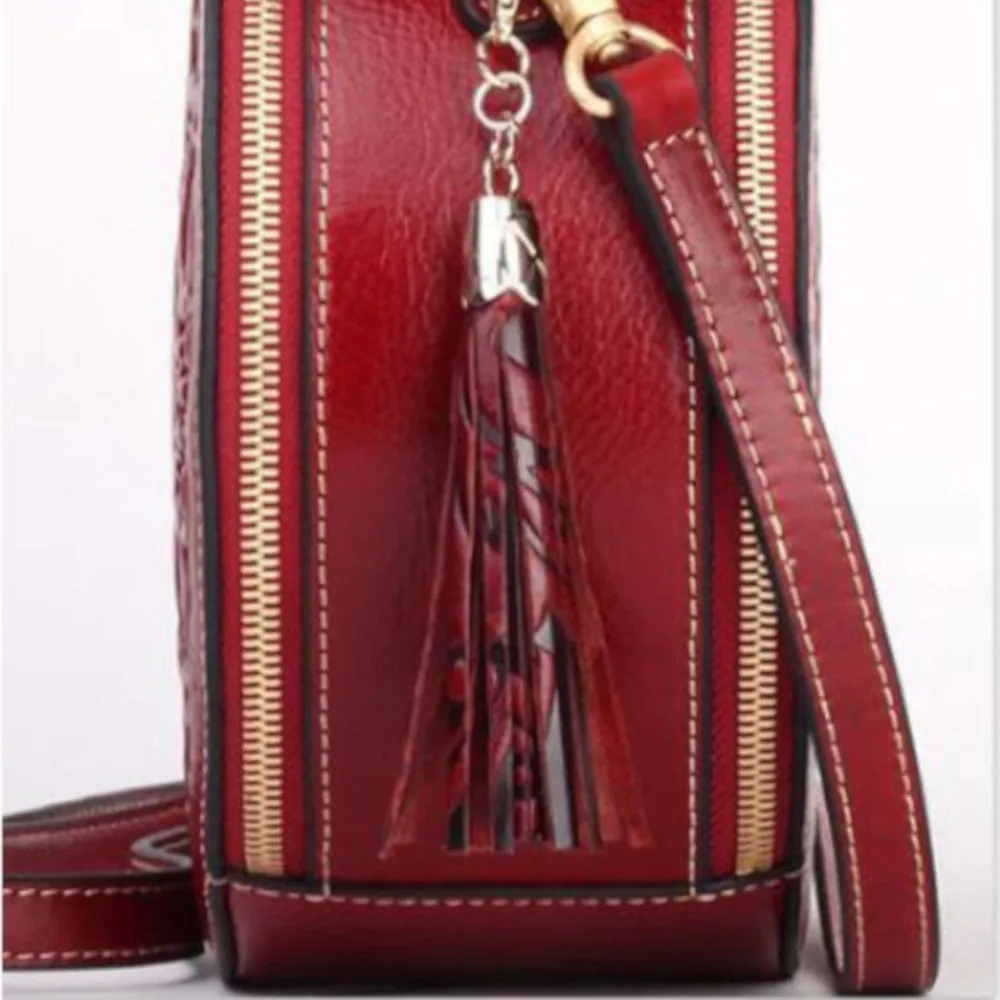 Red Leather Handbag Round Embossed