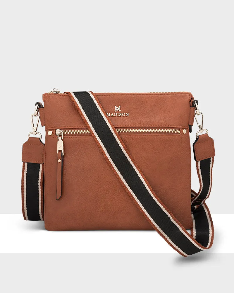 Renee Zip Top 2 Compartment Crossbody Bag   Stripe Bag Strap