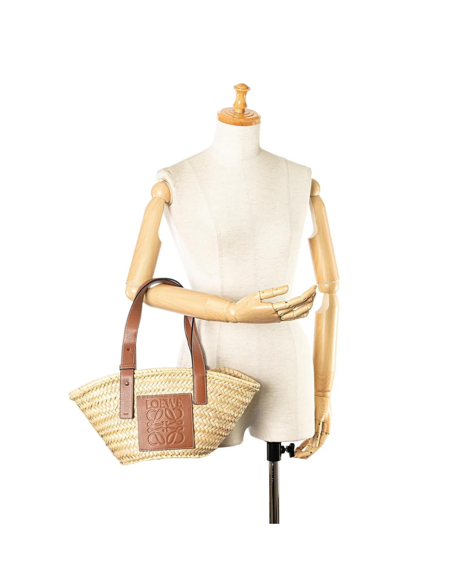 Small Raffia Basket Tote with Leather Handles