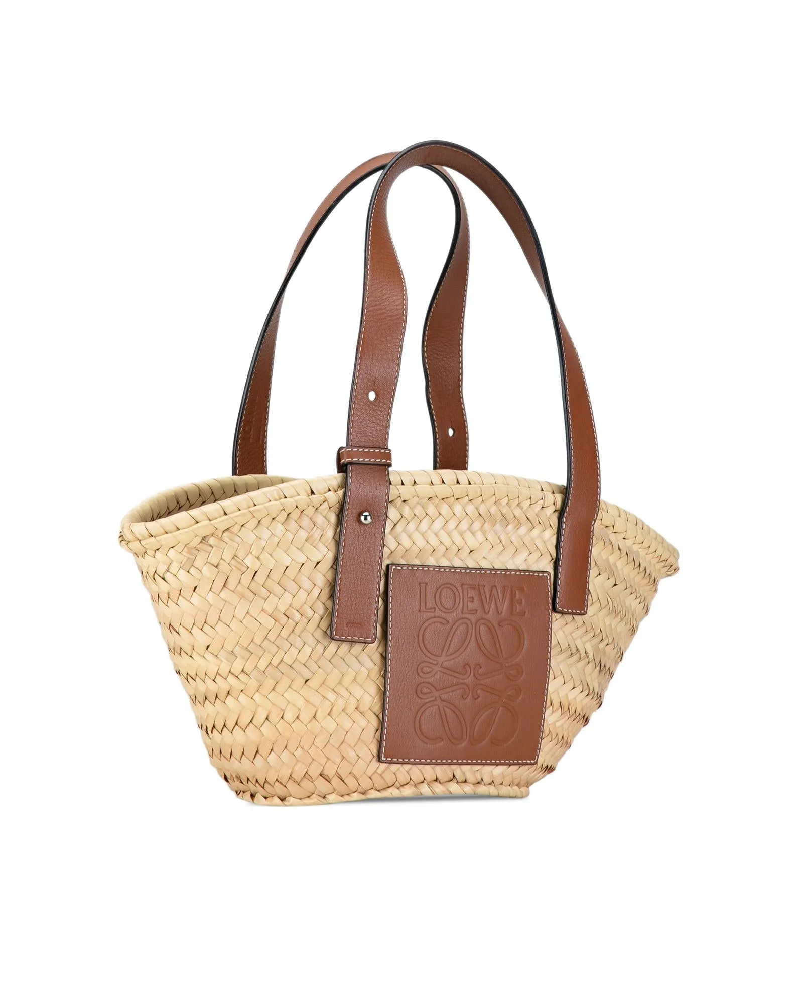 Small Raffia Basket Tote with Leather Handles