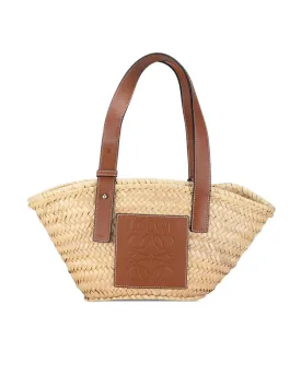 Small Raffia Basket Tote with Leather Handles