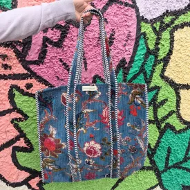 Velvet Quilted Indian Tote Bag Blue Floral